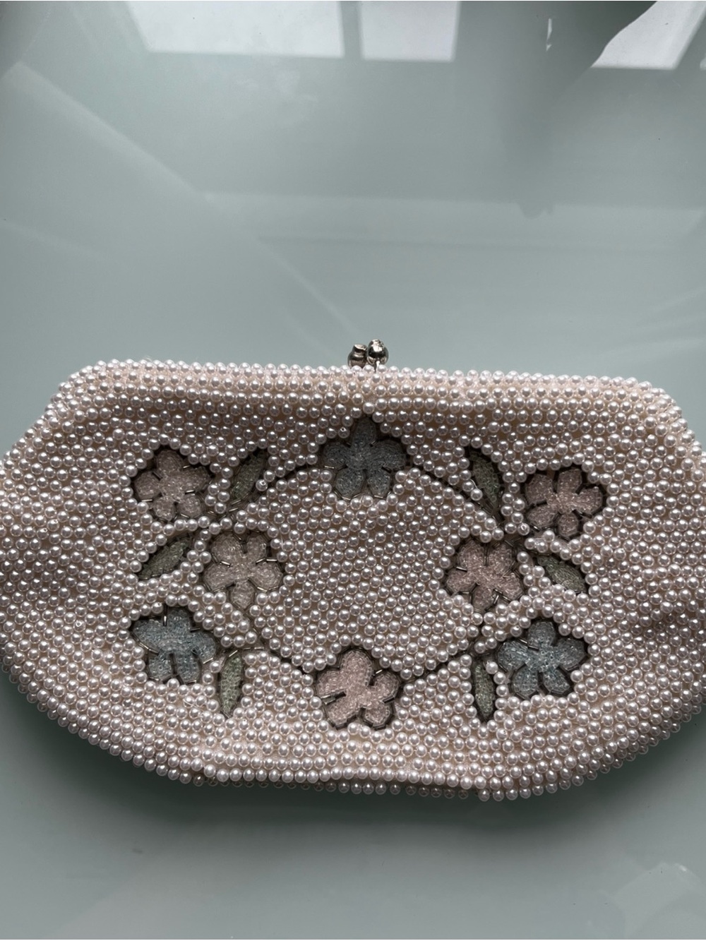 Pearl Beaded Floral Clutch Bag - White